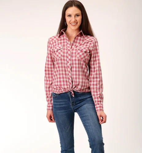 01-0050-0101-2003 Roper Wms Classic Red Plaid LS Shirt Classic Casual Short Sleeve