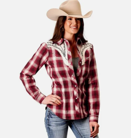 01-050-0024-3007 Roper Women's Special Collection LS Shirt Plaid Red Casual Plain Short Shirt