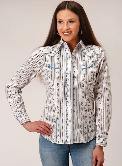 01-050-0086-3058 Roper Wms Karman Special LS White Shirt Trendy Ruffled Short Sleeve