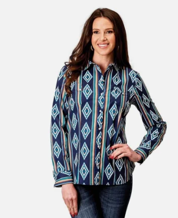 03-050-0485-0310 Roper Women's Special Collection LS Shirt Blue Print Stylish Striped Short Sleeve