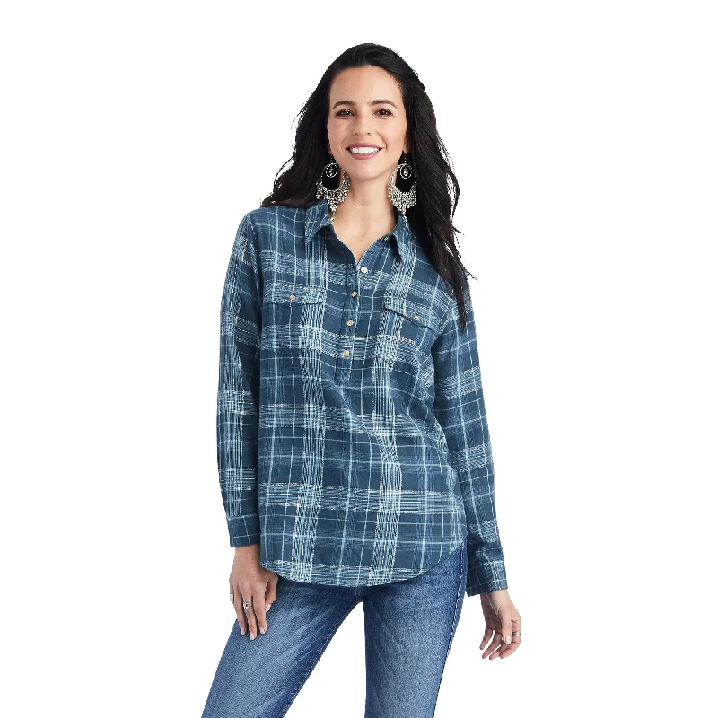 10042291 Ariat Women's Real Billie Jean Popover LS Shirt Lurex Plaid Fashionable Button-Front Short Sleeve