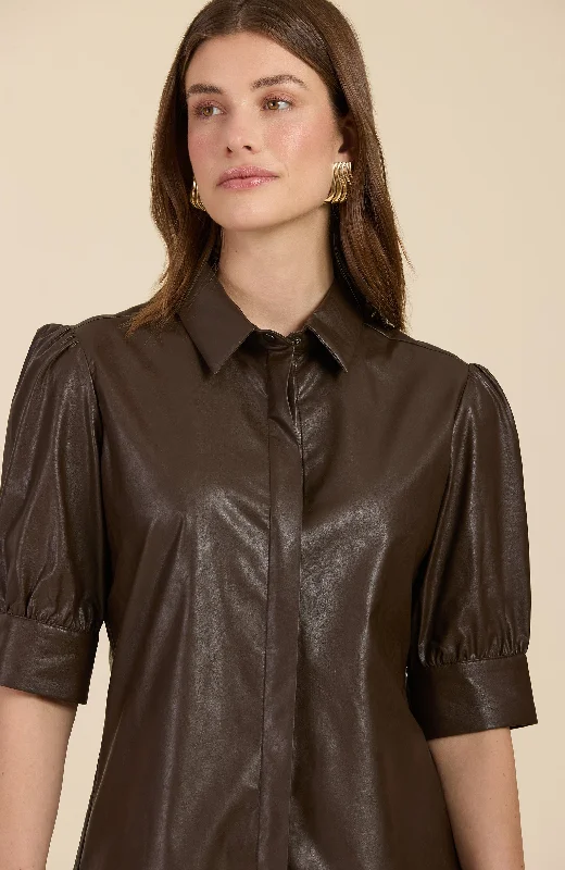 Alice Vegan Leather Shirt - Walnut Soft Silk Short Sleeve