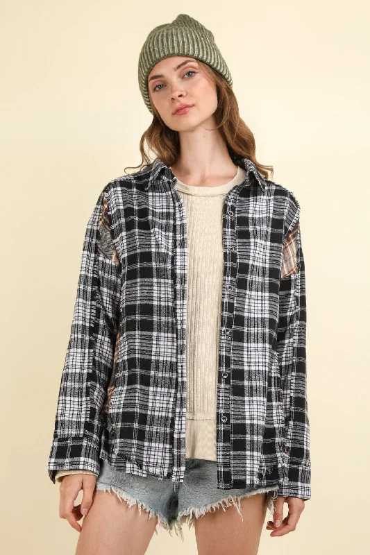 Contrast Plaid Raw Detail Shirt - Casual Oversized Fit Black Classic Button-Up Short Tee Contrast Plaid Raw Detail Shirt - Casual Oversized Fit Black Classic Button-Up Short Tee