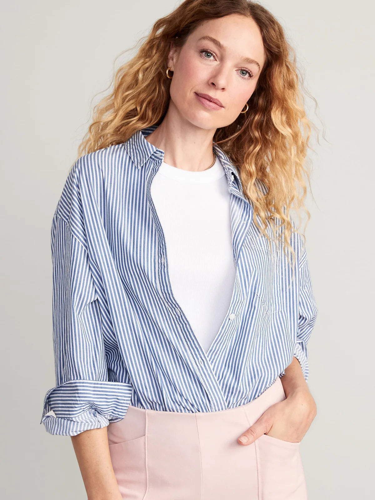 PINSTRIPED BOYFRIEND SHIRT Cozy Printed Short Shirt