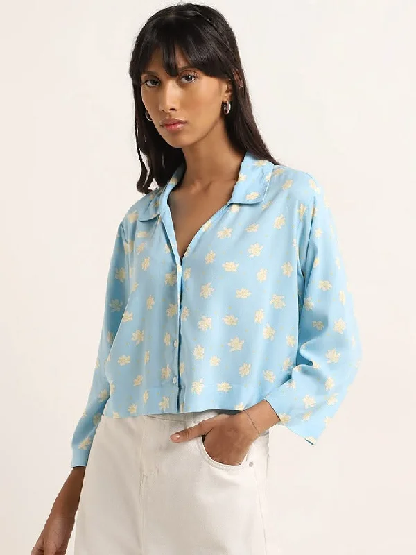 Bombay Paisley Blue Floral Printed Shirt Fashionable Sheer Short Shirt