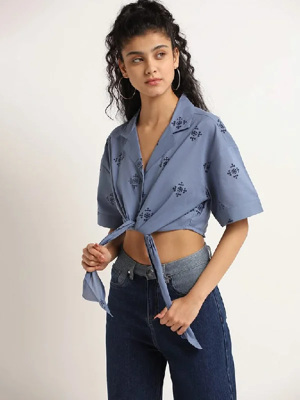 Bombay Paisley Blue Printed Cotton Tie-Up Crop Shirt Casual Slouchy Short Sleeve