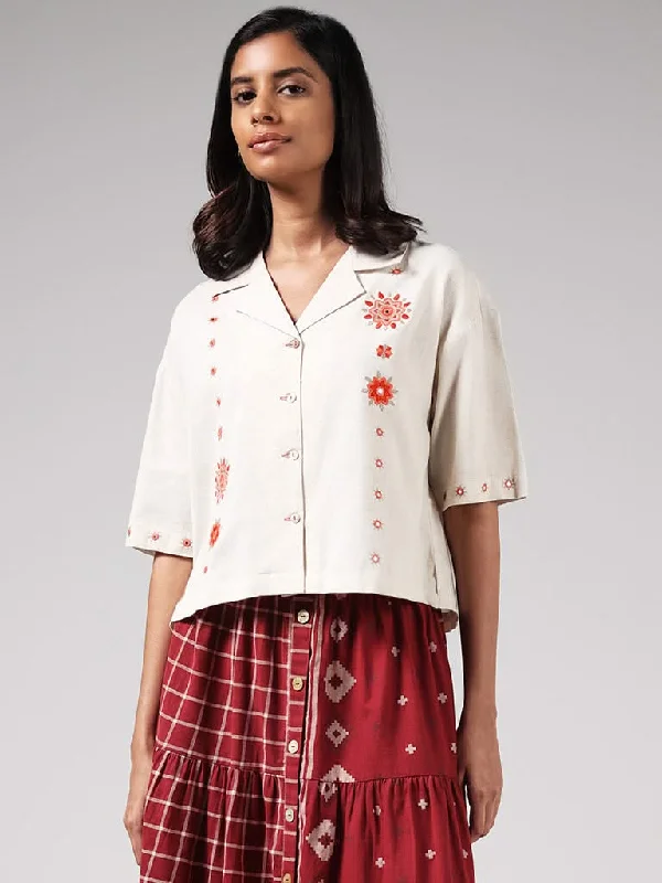 Bombay Paisley Cream Mirror Embroidered Blended Linen Shirt Elegant Longline Short Shirt