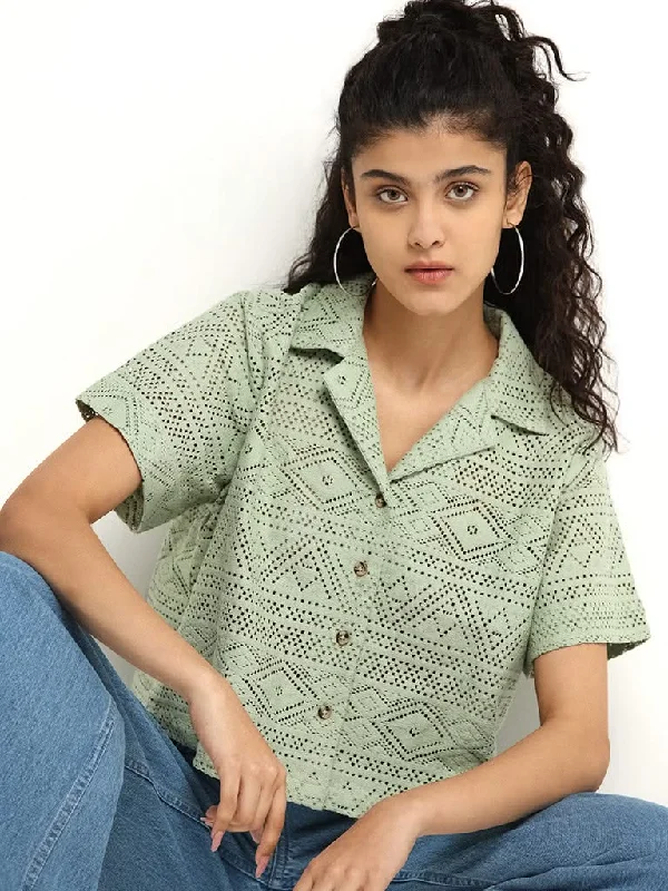 Bombay Paisley Green Mesh Cotton Blend Crop Shirt Fashionable Short Sleeve Vest