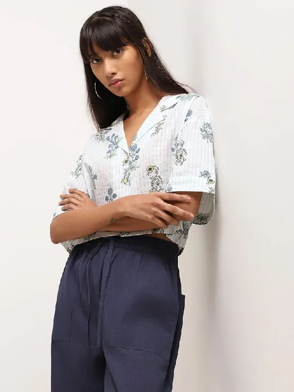 Bombay Paisley White Floral Cotton Crop Shirt Cozy Printed Short Shirt