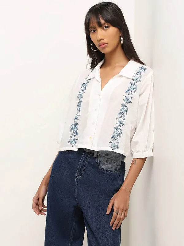 Bombay Paisley White Floral Embroidered Cotton Shirt Cozy Plain Short Sleeve