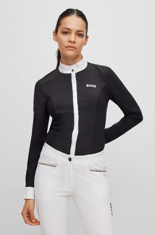Boss Equestrian Womens Black Emma Competition Shirt Elegant Lace-Trimmed Short Shirt Boss Equestrian Womens Black Emma Competition Shirt Elegant Lace-Trimmed Short Shirt