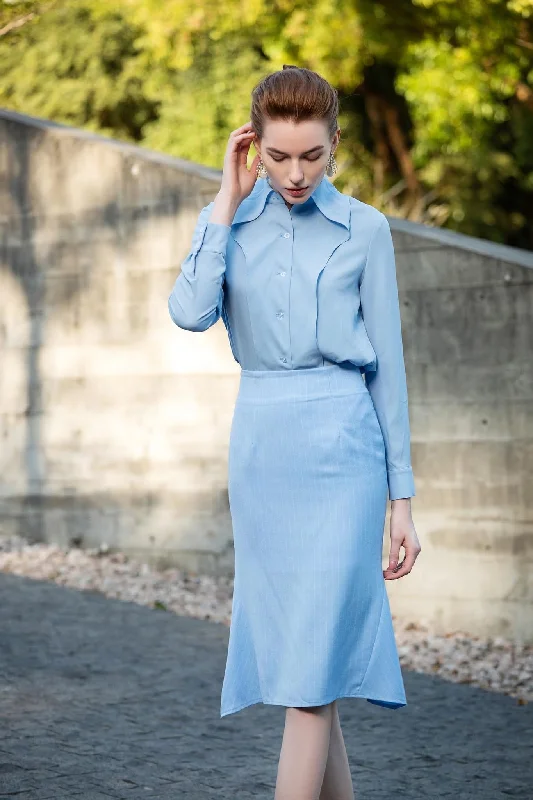 Classic Sky Blue Shirt Blouse Cozy Plain Short Sleeve