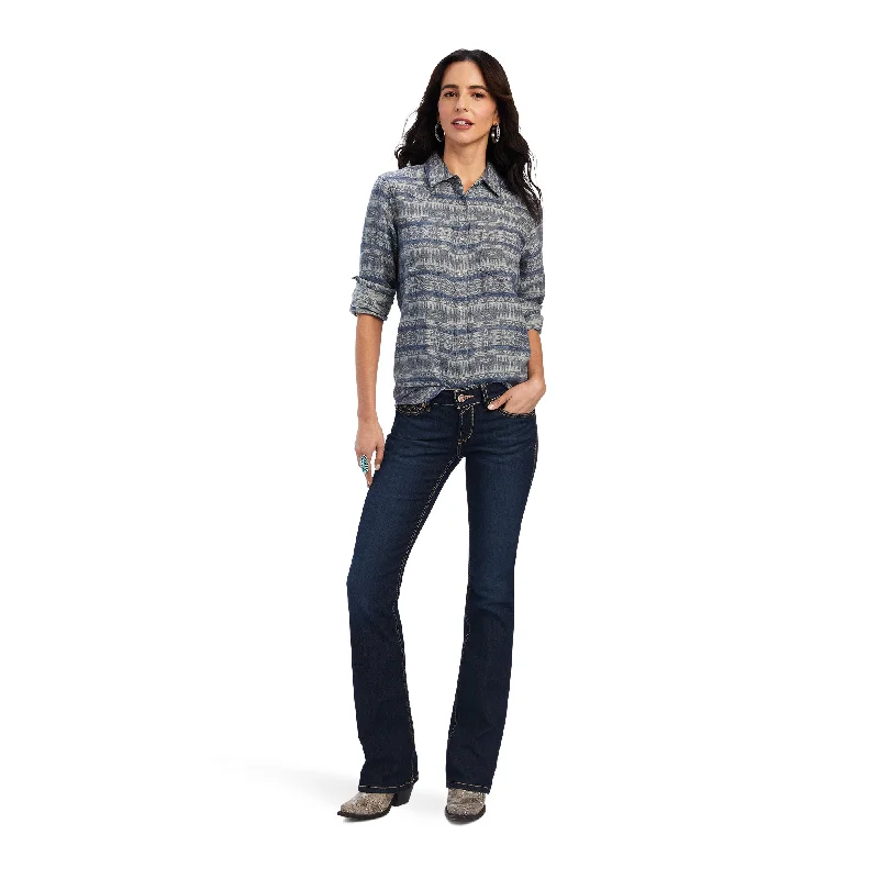 10041641 Ariat Wms Real Billie Jean L/S Shirt Nightrider Jacquard Trendy Ruffled Short Sleeve