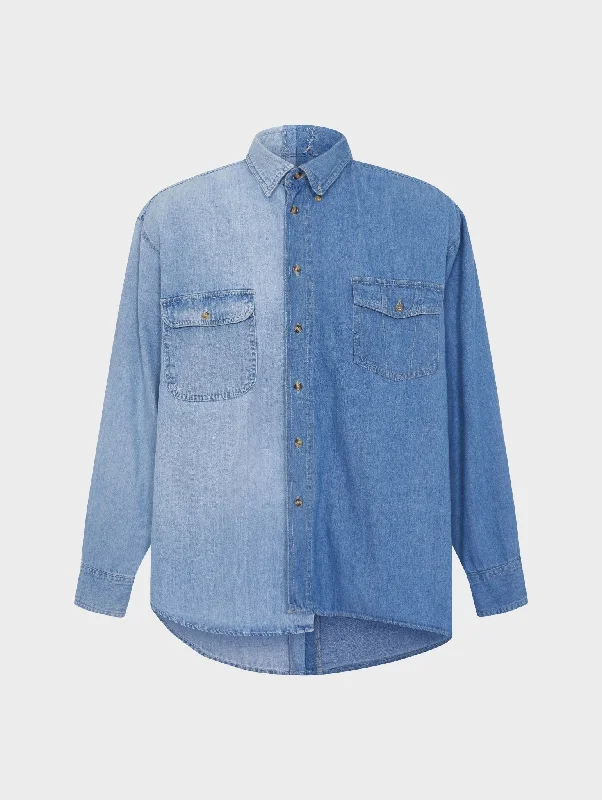 Mens Contrast Denim Shirt Fashionable Rounded Short Shirt