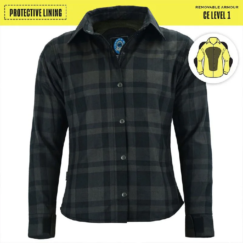 Womens Charc/Black Plaid Protective Shirt - Reinforced With Protective- Fibre-JRS10025 Chic V-Neck Short Blouse Womens Charc/Black Plaid Protective Shirt - Reinforced With Protective- Fibre-JRS10025 Chic V-Neck Short Blouse