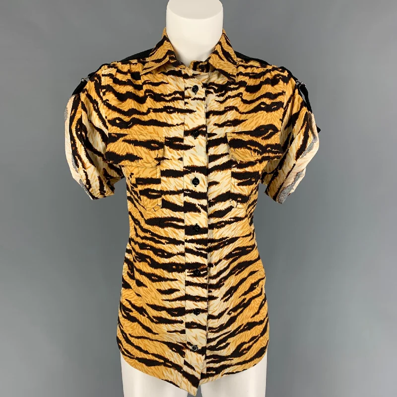 D&G by DOLCE & GABBANA Size 4 Tan Black Cotton Tiger Short Sleeve Shirt Comfortable Short Sleeve Blouse D&G by DOLCE & GABBANA Size 4 Tan Black Cotton Tiger Short Sleeve Shirt Comfortable Short Sleeve Blouse