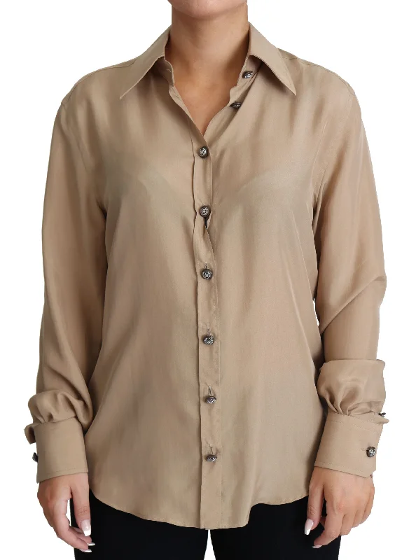 Elegant Beige Silk Shirt Casual Oversized Short Shirt