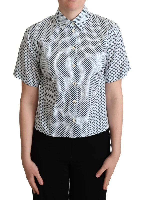 Elegant Polka Dot Cotton Polo Shirt Fashionable Tied Short Sleeve