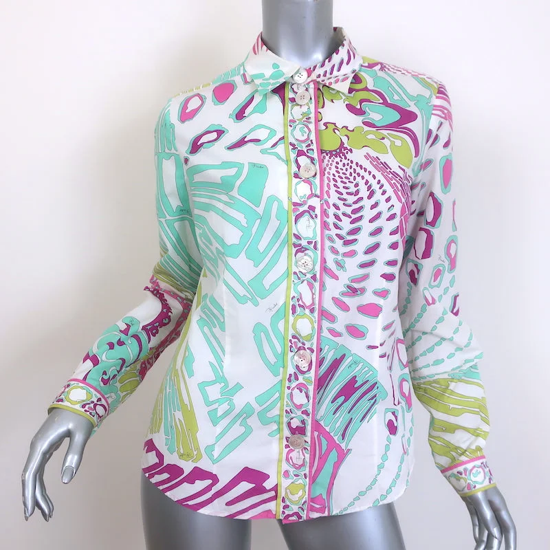 Emilio Pucci Printed Button Down Shirt White/Multi Size US 10 Long Sleeve Top Comfortable Peplum Short Shirt Emilio Pucci Printed Button Down Shirt White/Multi Size US 10 Long Sleeve Top Comfortable Peplum Short Shirt