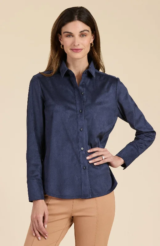 Faux Suede Club Shirt - Navy Classic V-Neck Short Shirt