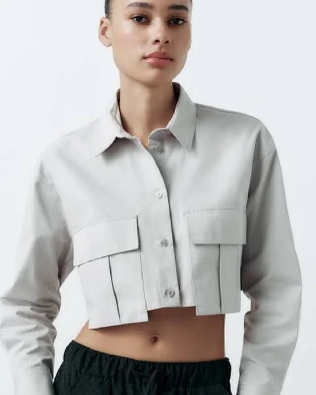 FLAP POCKET CROP SHIRT Trendy Button-Front Short Sleeve