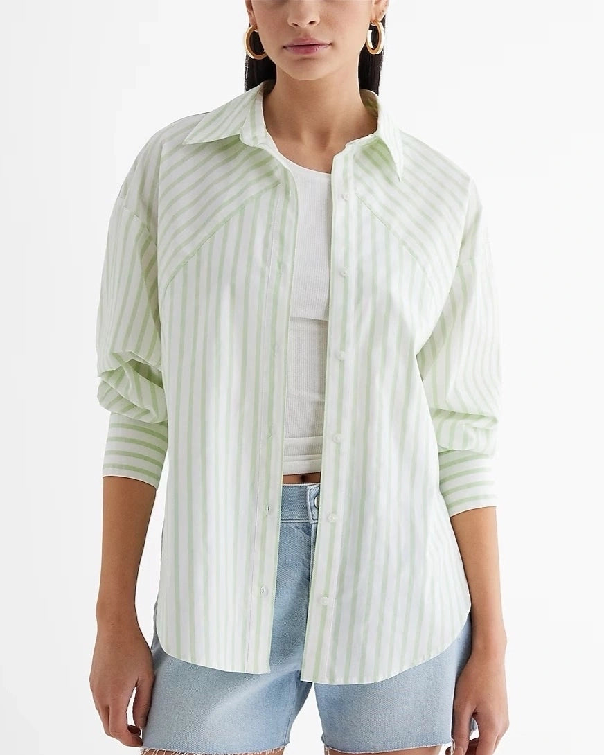 STRIPED BOYFRIEND SHIRT Classic Cropped Short Sleeve