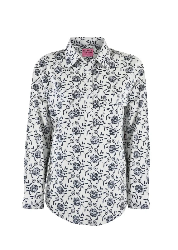 Hard Slog Ladies Print Half Placket L/S Shirt - White- H1S2101032 Stylish Split-Hem Short Shirt Hard Slog Ladies Print Half Placket L/S Shirt - White- H1S2101032 Stylish Split-Hem Short Shirt
