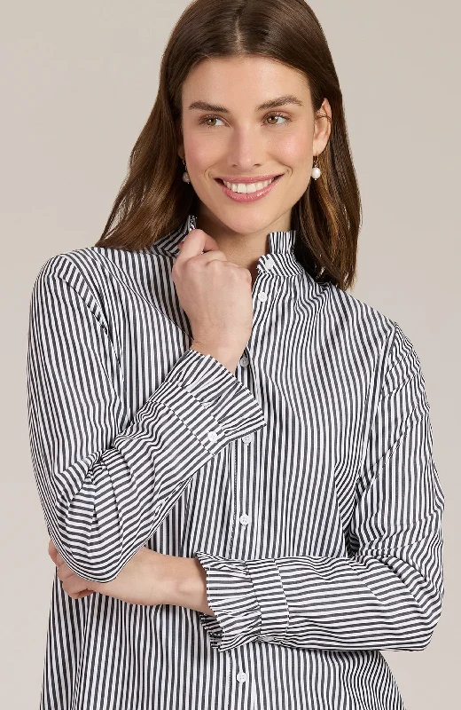 Kelsey Ruffle Collar Striped Shirt - Black Fashionable Cuffed Short Sleeve