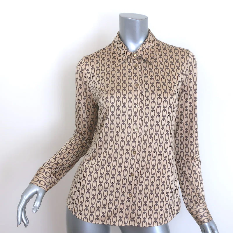 L'Agence Harmony Chain Print Shirt Beige Satin Size Small Long Sleeve Top Classic Short Sleeve Blouse L'Agence Harmony Chain Print Shirt Beige Satin Size Small Long Sleeve Top Classic Short Sleeve Blouse