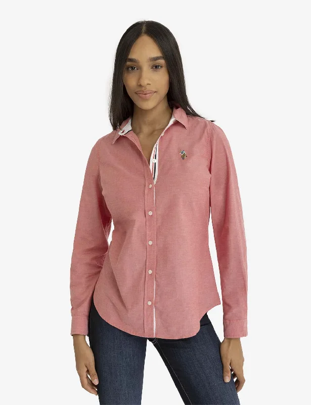 LONG SLEEVE SOLID STRETCH OXFORD SHIRT Trendy Short Sleeve Blouse