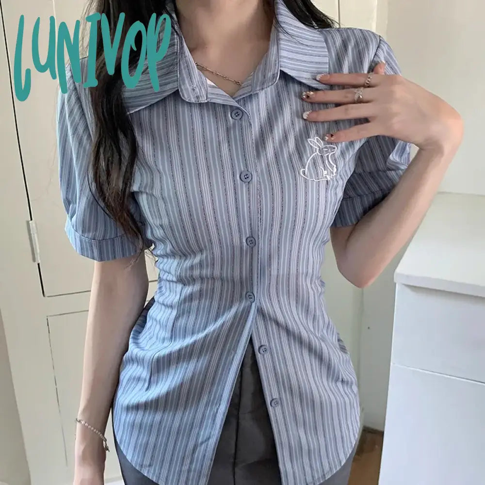 Lunivop Korean Slim Striped Shirt Women Casual Preppy Style Short Sleeve Blouse Summer All Match Embroidery Female Fashion Tops Soft Cotton Short Tee