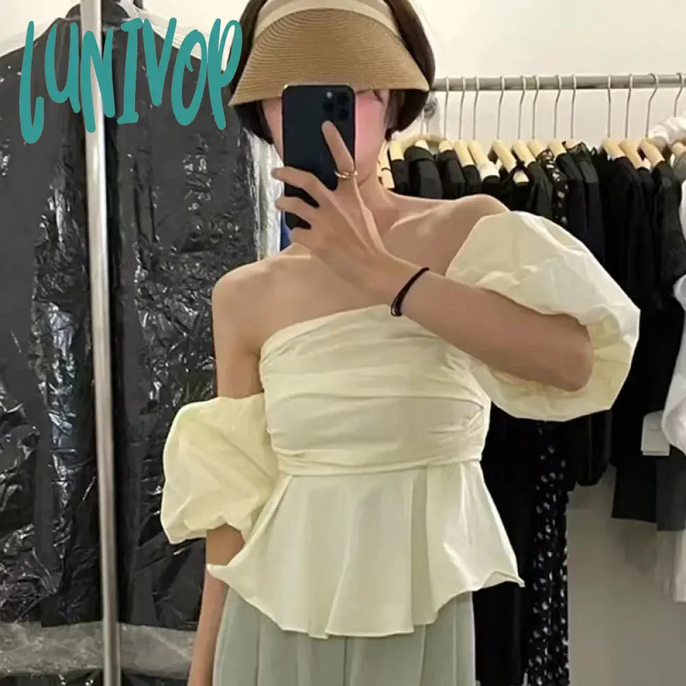 Lunivop Summer Blouse Female French Vintage Temperament Blusa Slash Neck Sexy Off Shoulder Waist Slim Puff Sleeves Short Shirts Stylish Round Neck Shirt