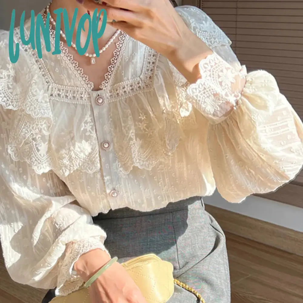 Lunivop Vintage French Women Shirts Lace Lolita Elegant Long Sleeve Flounce Blouse High Quality Office Lady New Fashion Chic Female Tops Cozy Summer Short Shirt