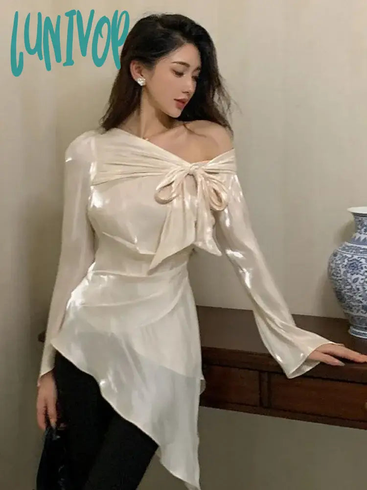 Lunivop Y2k Aesthetic Pleated Skew Collar Solid Women Blouse Sexy Slim Grunge Bandage Bow Shirt Harajuku Irregular Streetwear Blusas Elegant Draped Short Sleeve