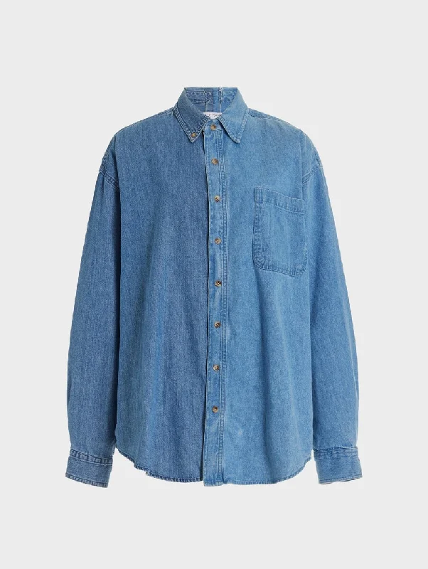 Men's Classic Denim Shirt Mid Blue Chic Button-Up Short Shirt