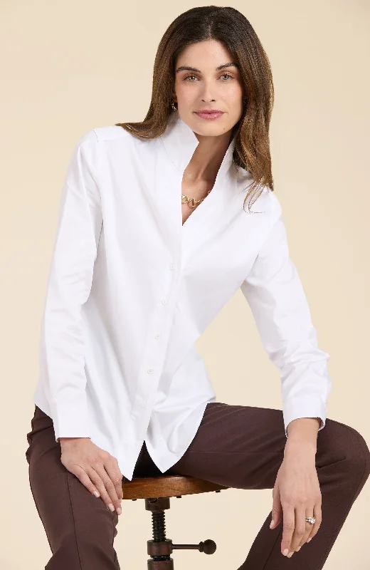 Natalie Stand Collar Shirt - White Comfortable Stretch Short Shirt