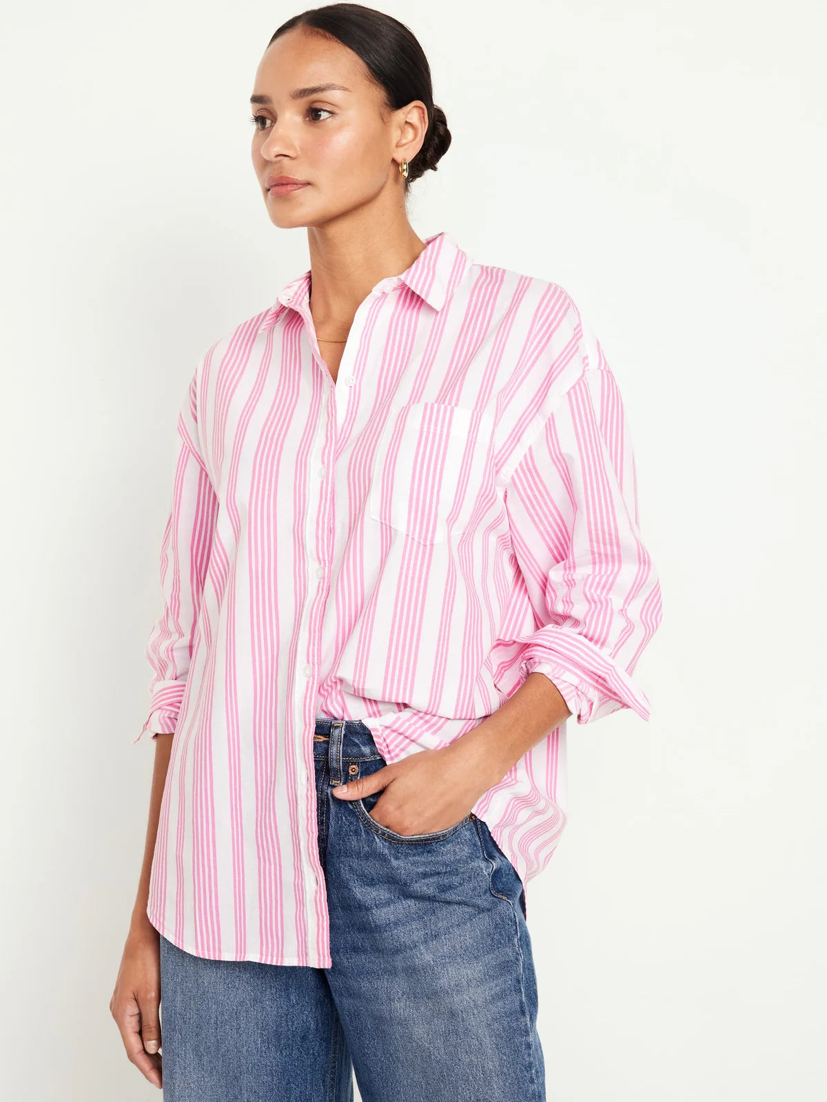 STRIPED BOYFRIEND SHIRT Comfortable Loose Short Sleeve