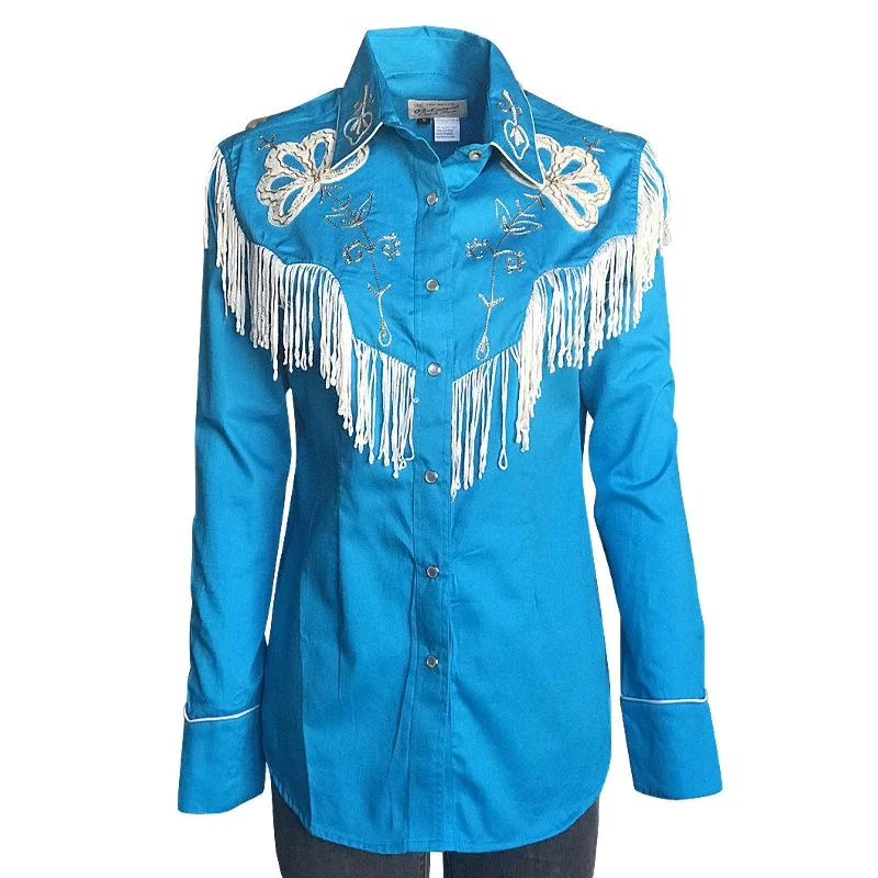 Rockmount Ranch Wear Womens Turquoise Fringe Embroidered Western Shirt Trendy Tie-Front Short Shirt Rockmount Ranch Wear Womens Turquoise Fringe Embroidered Western Shirt Trendy Tie-Front Short Shirt