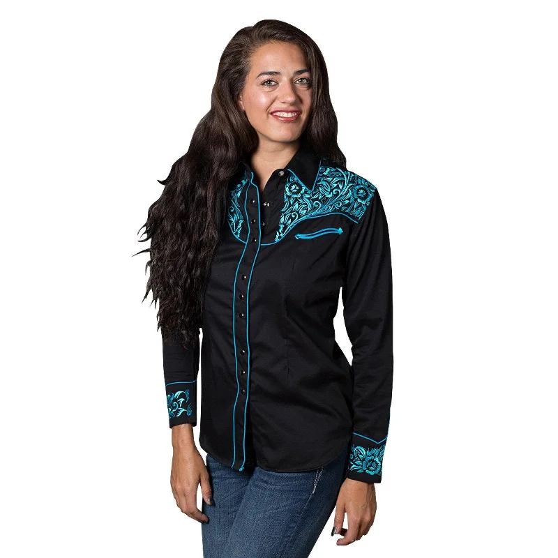 Rockmount Ranch Wear Womens Vintage Tooling Embroidery Western Shirt in Black & Turquoise Fashionable Draped Short Sleeve Rockmount Ranch Wear Womens Vintage Tooling Embroidery Western Shirt in Black & Turquoise Fashionable Draped Short Sleeve