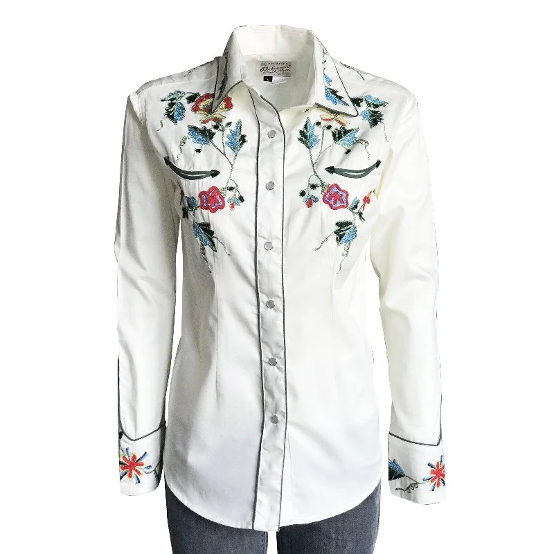 Rockmount Ranch Wear Womens White Floral Embroidery Western Shirt Fashionable Cuffed Short Sleeve Rockmount Ranch Wear Womens White Floral Embroidery Western Shirt Fashionable Cuffed Short Sleeve