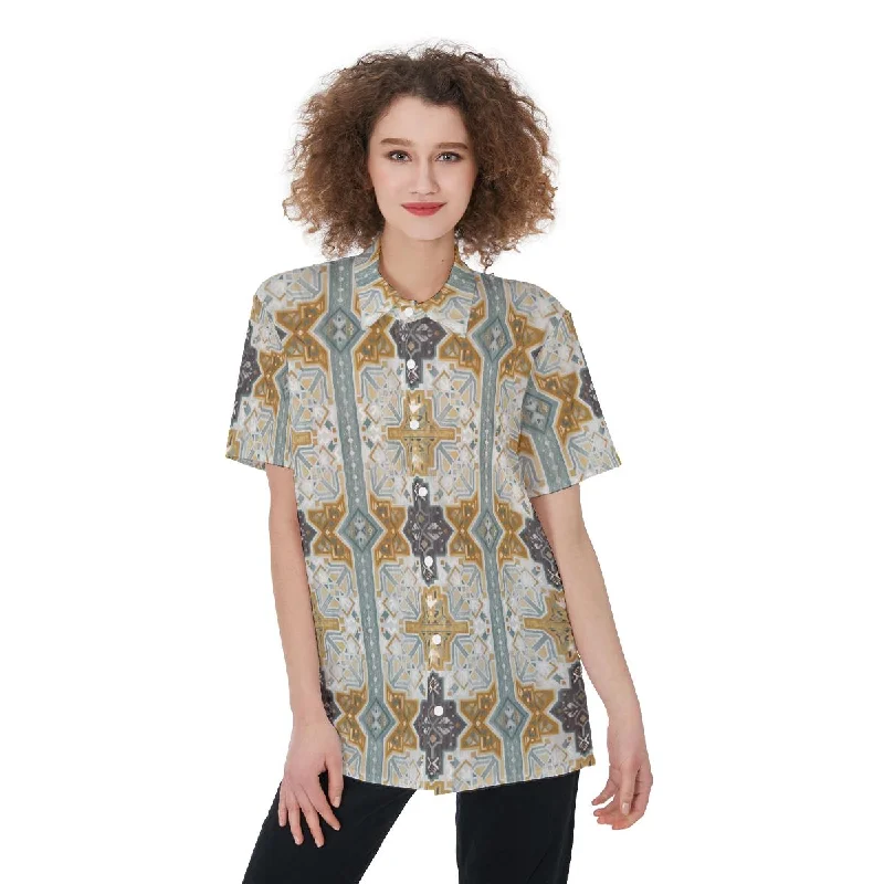 Silver Mustard Teal Aesthetic Bohemian Print Women's Shirt Fashionable Draped Short Sleeve Silver Mustard Teal Aesthetic Bohemian Print Women's Shirt Fashionable Draped Short Sleeve