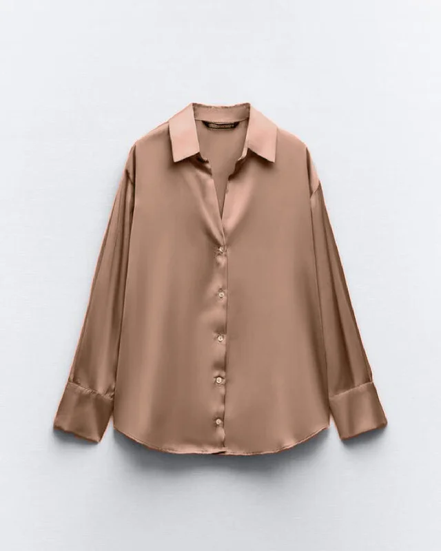 SOLID SATIN SHIRT Elegant Button-Down Short Shirt