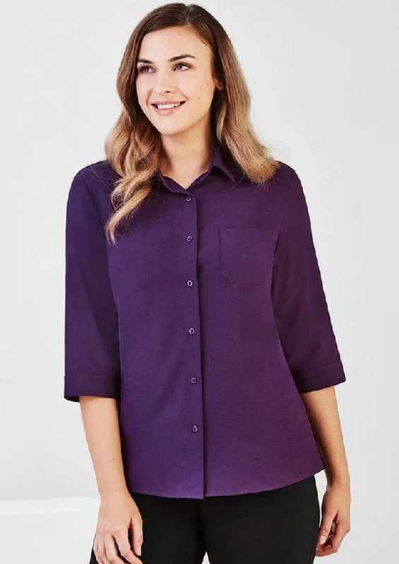 Tend Biz Care Womens Florence 3/4 Sleeve Shirt Purple TD-CS951LTPURP Trendy Tie-Front Short Shirt