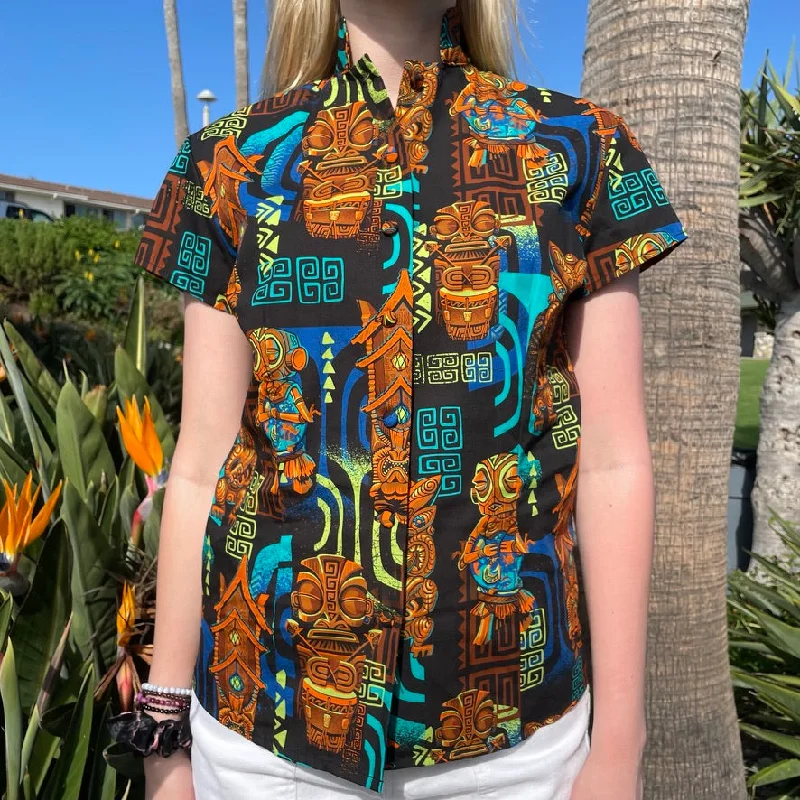 TikiLand Trading Co. 'The Four Tikis' - Classic Aloha Button Up-Shirt - Womens - by Doug Horne, BigToe, Atomikitty, Thor, Jeff Granito - Ready to Ship! Comfortable Summer Short Shirt