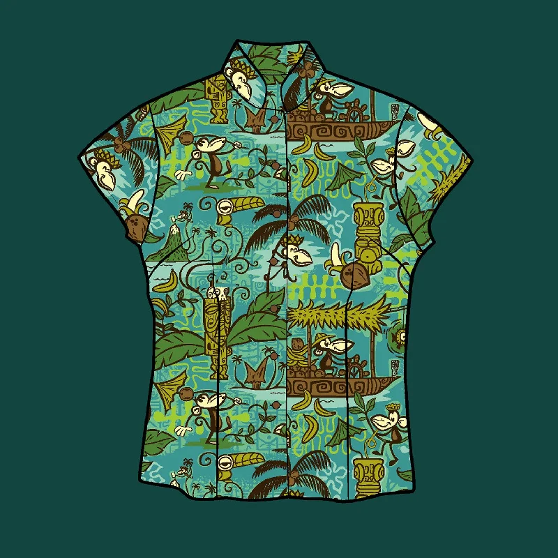 Tiki tOny's 'Beachcomber Monkey' Classic Aloha Button Up-Shirt - Womens - Ready to Ship Comfortable Graphic Short Sleeve