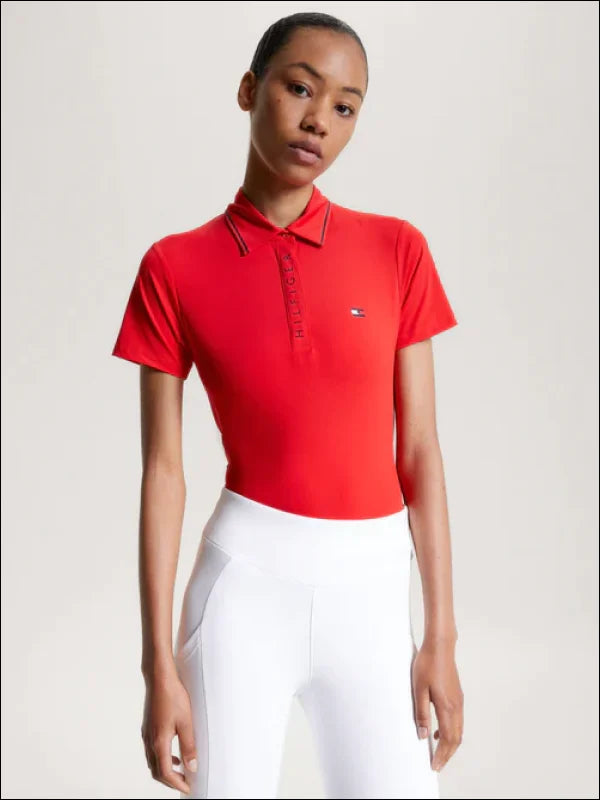 Tommy Hilfiger Womens Harlem Short Sleeve Logo Polo Shirt - Fierce Red Classic Solid Short Shirt