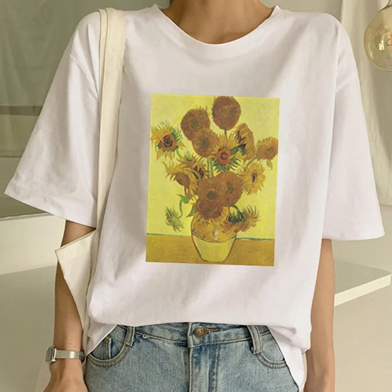 Van Gogh T Shirt Women Harajuku Grunge Aesthetic Van Gogh Art Sunflower Vintage Tshirt Funny Fashion Casual Graphic Tees Femme Stylish Pleated Short Sleeve