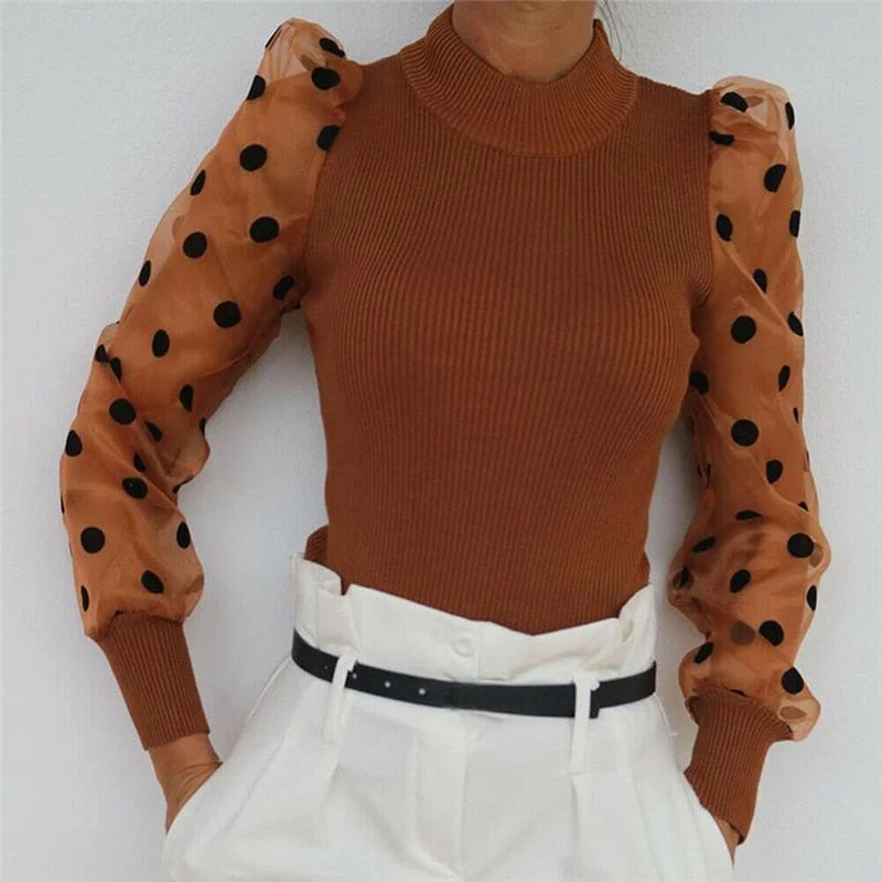 Women Spring Mesh Puff Long Sleeve Ribbed Knitted Shirt Casual Button-Down Short Shirt