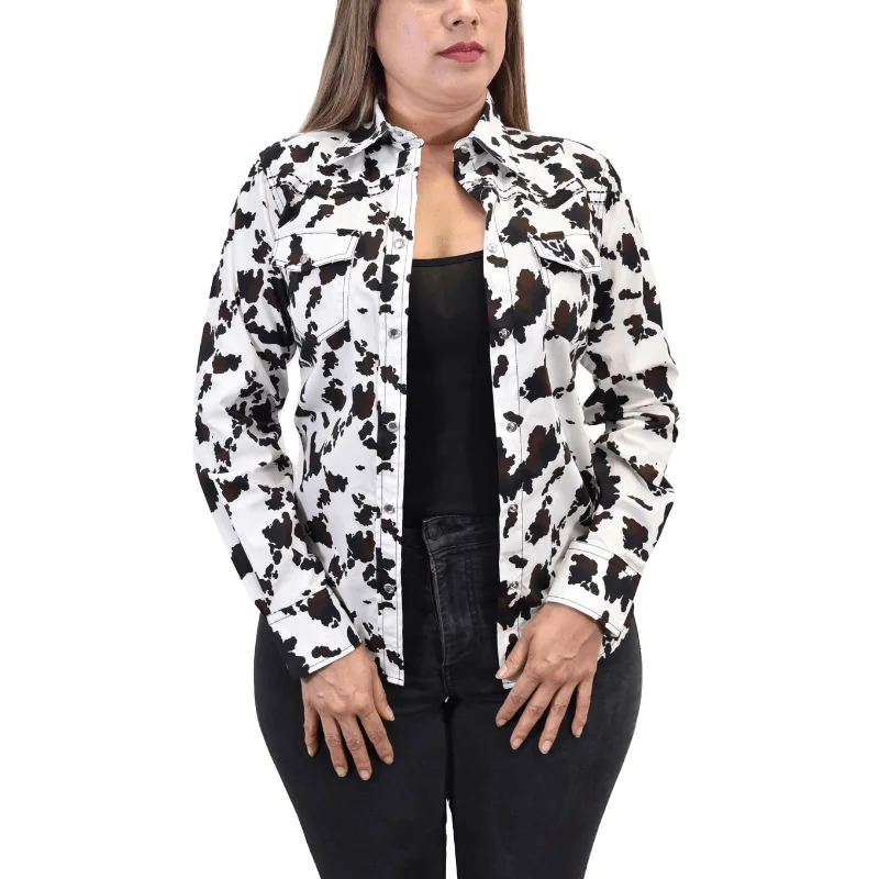 Women's Cowgirl Hardware Black & Brown Blended Cow Long Sleeve Western Shirt Classic Button-Up Short Tee Women's Cowgirl Hardware Black & Brown Blended Cow Long Sleeve Western Shirt Classic Button-Up Short Tee