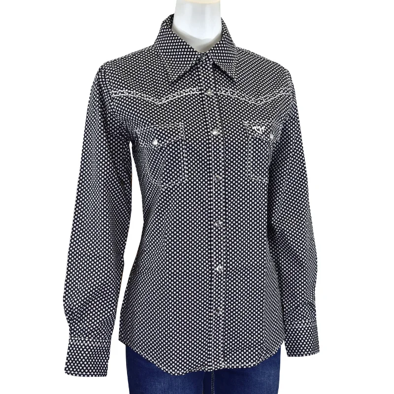 Women's Cowgirl Hardware Black Donut Long Sleeve Western Shirt Comfortable Flowing Short Sleeve Women's Cowgirl Hardware Black Donut Long Sleeve Western Shirt Comfortable Flowing Short Sleeve